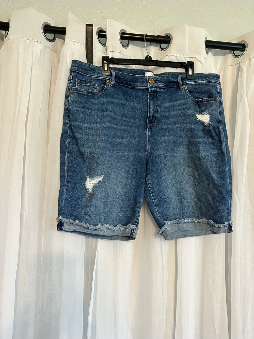 Loft Frayed Hem Distressed Denim Bermuda Shorts - Blue - Picture 2 of 7